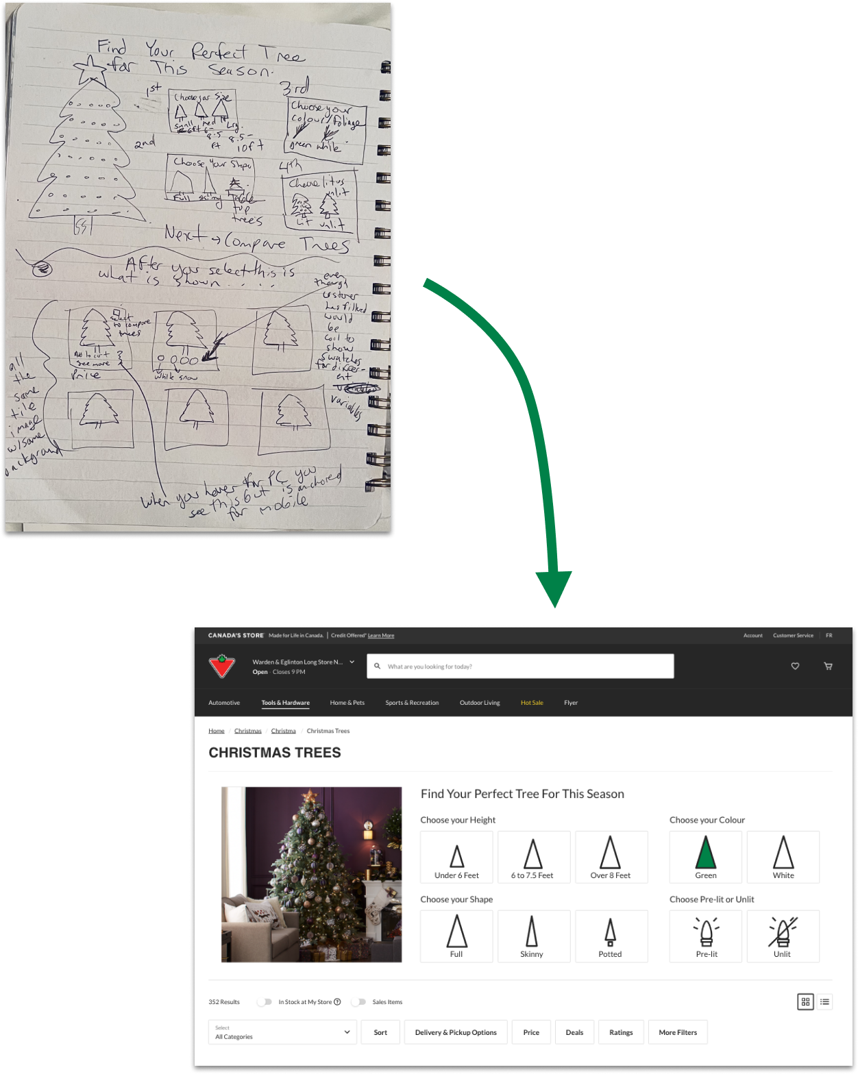 Image of sketch of finder tool with arrow leading to a digital version of the sketch 